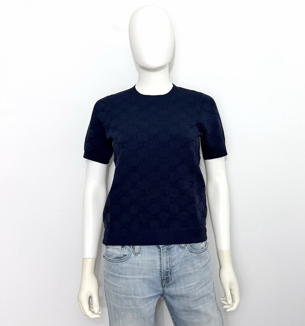 Gucci GG Monogram Jacquard T Shirt Womens S Navy Crew Neck Short Sleeve NWT